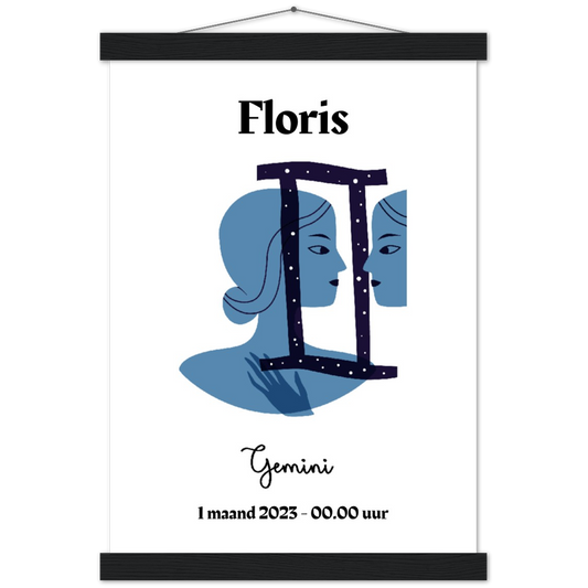 Sterrenbeeld Poster GEMINI - TWEELING | Gepersonaliseerd | mat papier poster met houten hanger