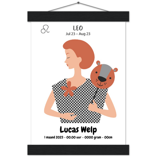 Sterrenbeeld Poster LEO - LEEUW | Gepersonaliseerd | mat papier poster met houten hanger